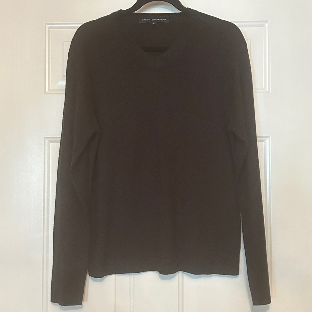 French Connection Women’s V-Neck Sweater L Black Classic Minimalist Acrylic